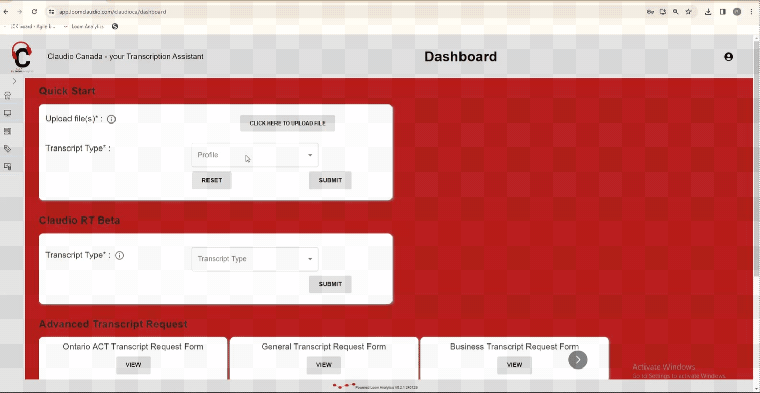 A GIF showing the Claudio interface and opening a drop down menu for the Quick Start feature.
